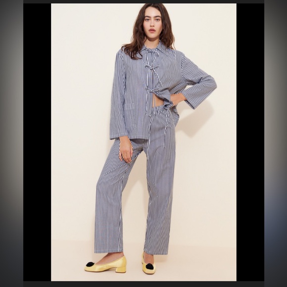 Sleeper Pants - NWOT Sleeper Cotton-Poplin Set navy white $328 stripes bow front spring Casual